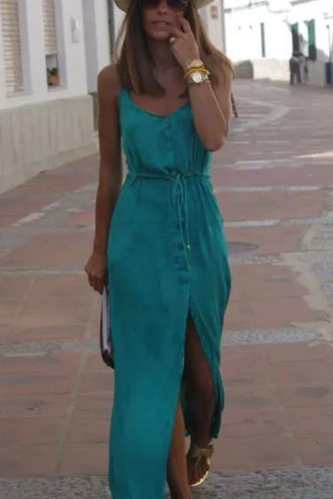 Sexy Sleeveless Elegant Solid Color V Neck Beach  Maxi Dress