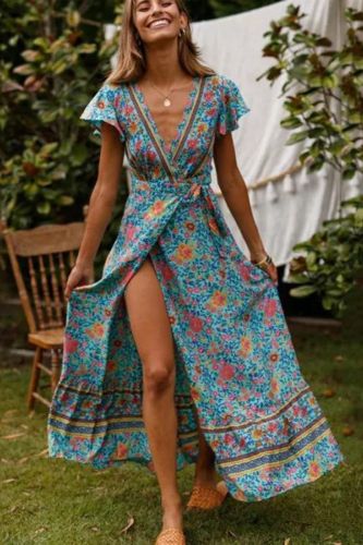 Sexy V-neck Floral Slit Print Fashion  Midi Dress