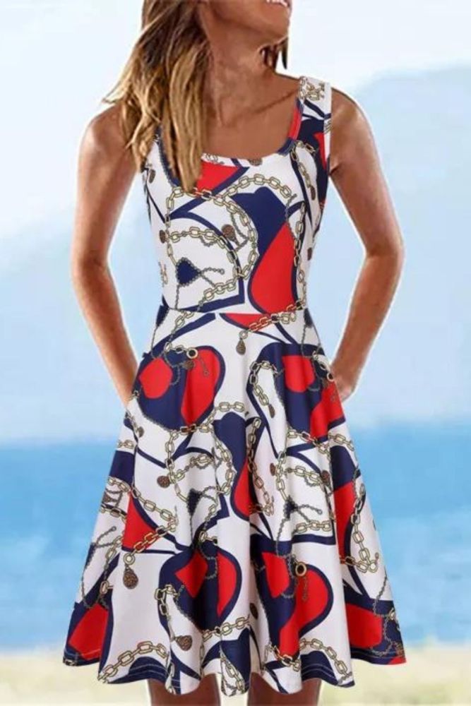 Heart Print Fashion Sleeveless U Neck A Line Loose Casual Dress