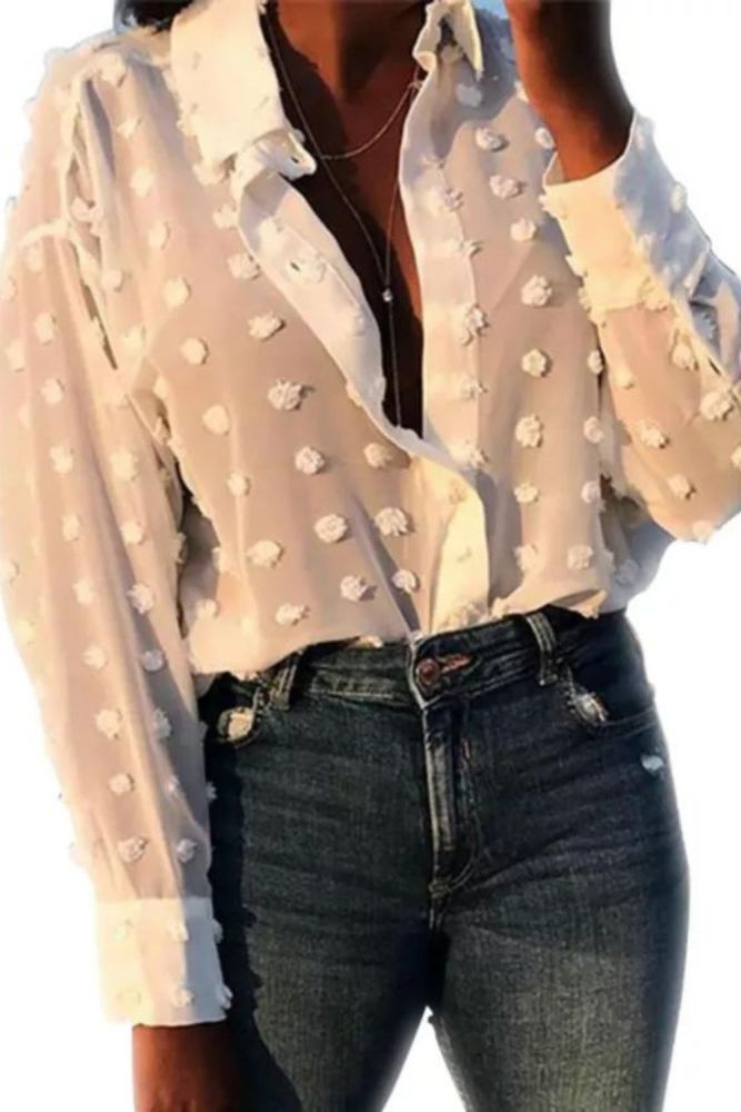 Solid Color Elegant Long Sleeve Polka Dot Loose Fashionable Casual Blouses