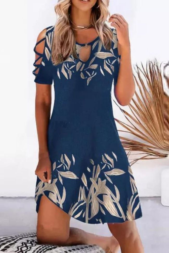 Fashion Floral Sexy Hollow Round Neck Party  Casual Dress