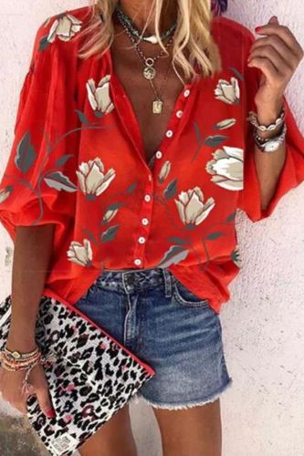 Fashion Print Bohemian Lapel Long Sleeve Loose Casual  Blouses