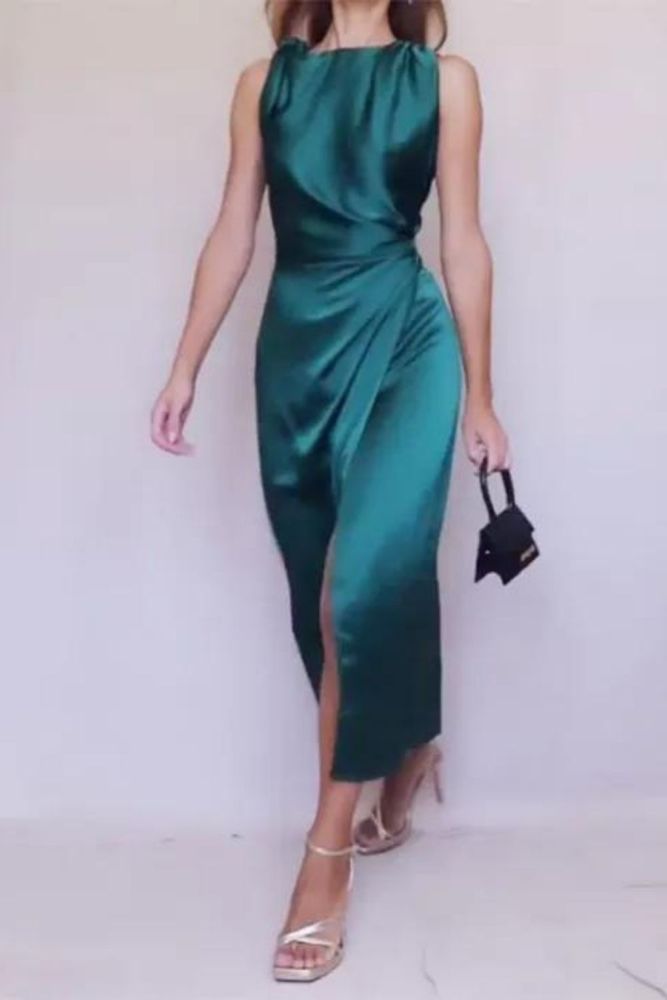 Time Solid Sleeveless Tie Slit Party Evening  Midi Dress