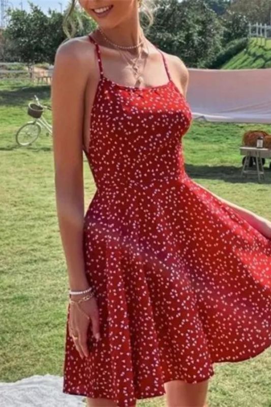 Polka Dot Print Tie Backless Print Bohemian High Waisted Sling Sexy Mini Dress