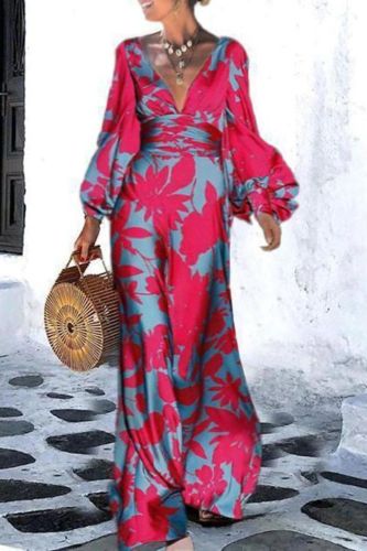 Fashionable V-Neck Printed Balloon Sleeve High Waist  Maxi Dress