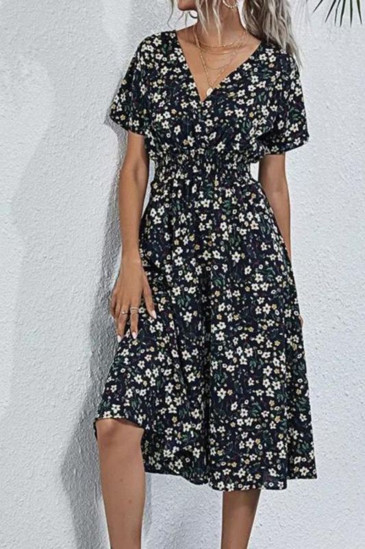 Fashionable A-line Floral Casual V-Neck Retro Party  Midi Dress