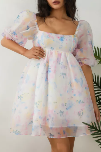 Women's Floral Print Puff Short Sleeves Square Neckline Mini Dress