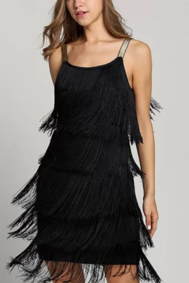 Sexy Tassel Halter Low Cut Tassel Solid Color Party Fashion Mini Dress