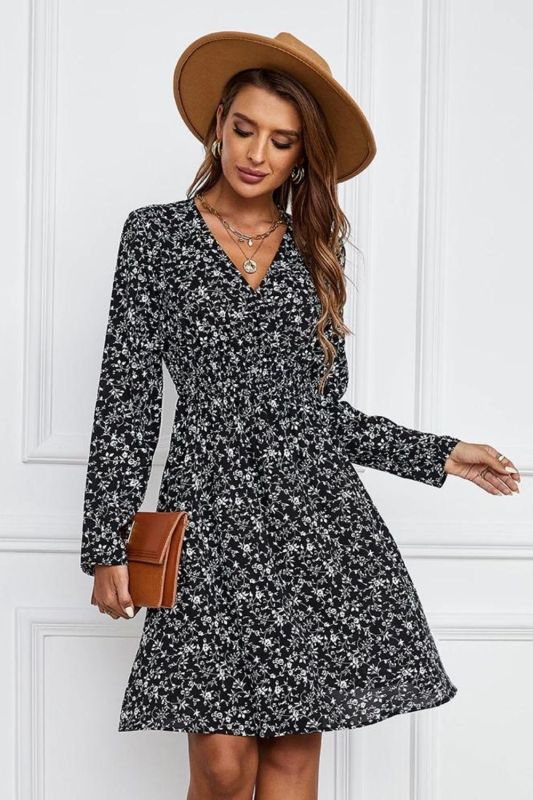 Fashion Print A Line Sexy V Neck Long Sleeve Party Mini Dress