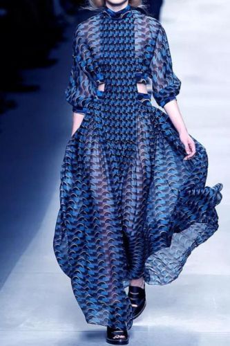 Blue Stripe Fashion Long Sleeve High Neck Cutout A Line Party  Maxi Dress