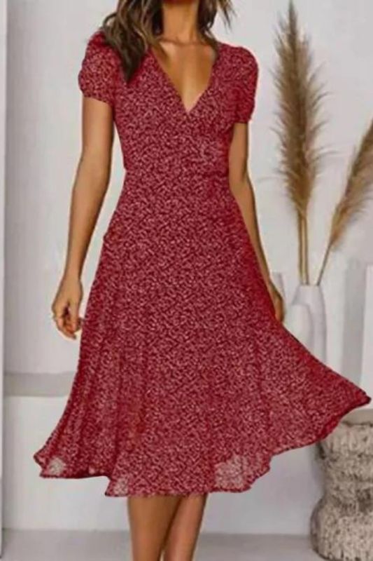 Fashion Casual V-neck Solid Color Polka Dot Print Sexy  Midi Dress