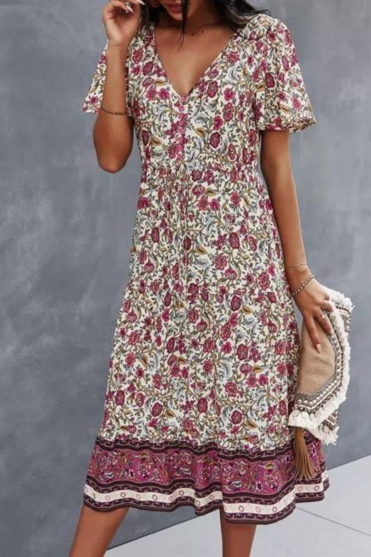 Fashion Casual Loose V-neck Retro Floral Temperament Suspender  Midi Dress