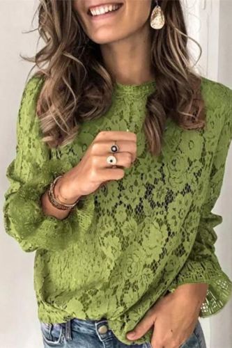 Fashion Lace Top O Neck Flare Long Sleeve Hollow Casual Blouses & Shirts