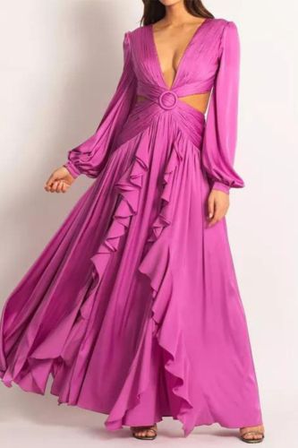 Fashion Solid Color High Waist V Neck Pleated Ruffle  Maxi Dress