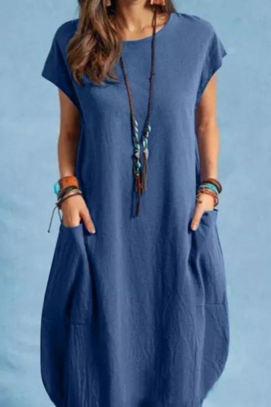 Fashion Solid Color Casual O Neck Loose Midi Dress