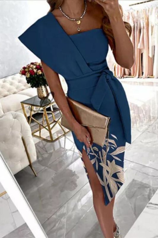 Elegant One Shoulder Sexy Slim Slit Fashion Tie Sleeveless Party  Midi Dress