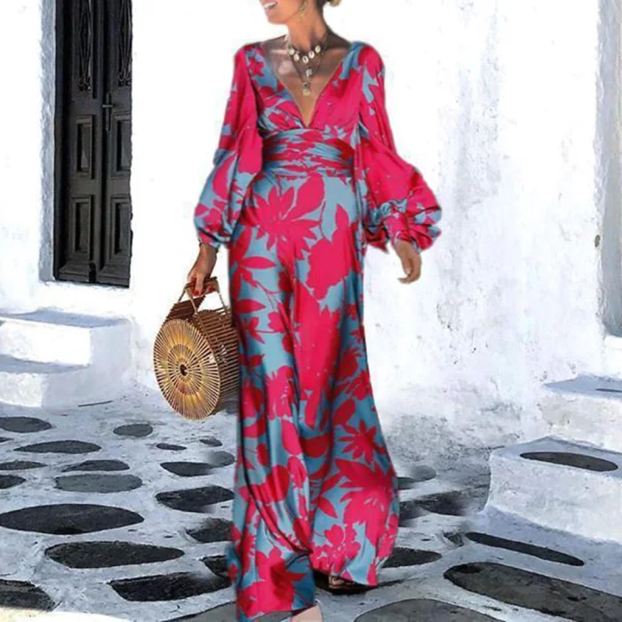 Fashionable V-Neck Printed Balloon Sleeve High Waist  Maxi Dress