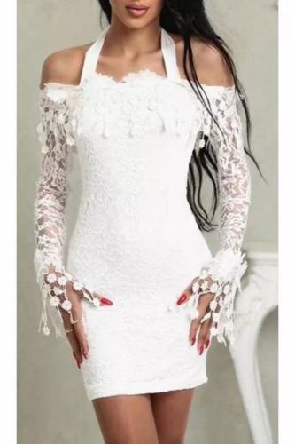 Sexy White Lace Long Sleeve Tight Off-Shoulder Lace Mini Dress