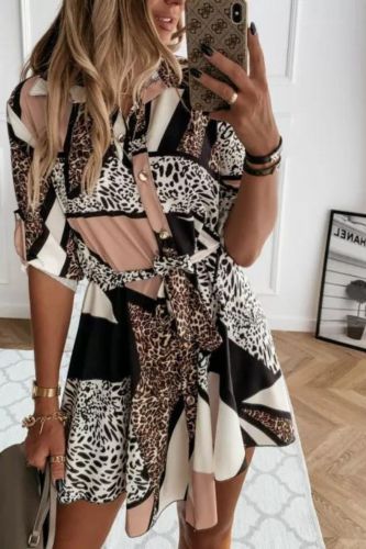 Trendy Leopard Print Button Lapel Pleated  Mini Dress