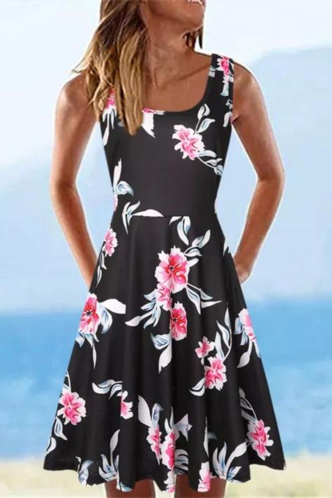 Fashion Elegant Sleeveless U Neck A Line Print Loose Casual Dress