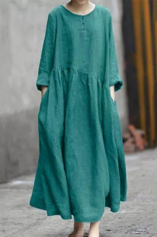 Cotton Linen Casual Loose Button O Neck Long Sleeve Pocket Retro Loose Maxi Dress