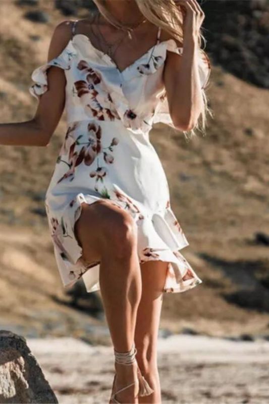 Printed Off Shoulder Boho Party Sexy Sleeveless V Neck Mini Dress