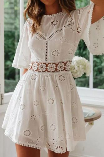Fashion White Hollow Casual Backless Floral Embroidered Cotton Party Mini Dress