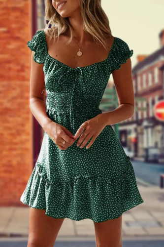 Casual Streetwear Sexy Sleeve Neckline Print Ruffles Mini Dress
