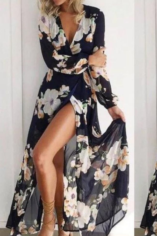 Sexy Bohemian Deep V Neck Vintage Print Maxi Dress