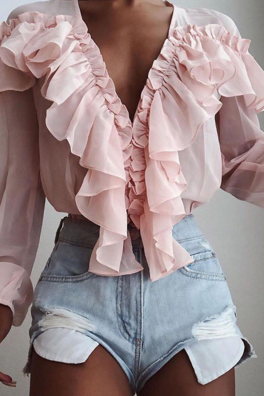 Eleghant V-Neck Ruffles Long Sleeve Frill Fashion Blouse