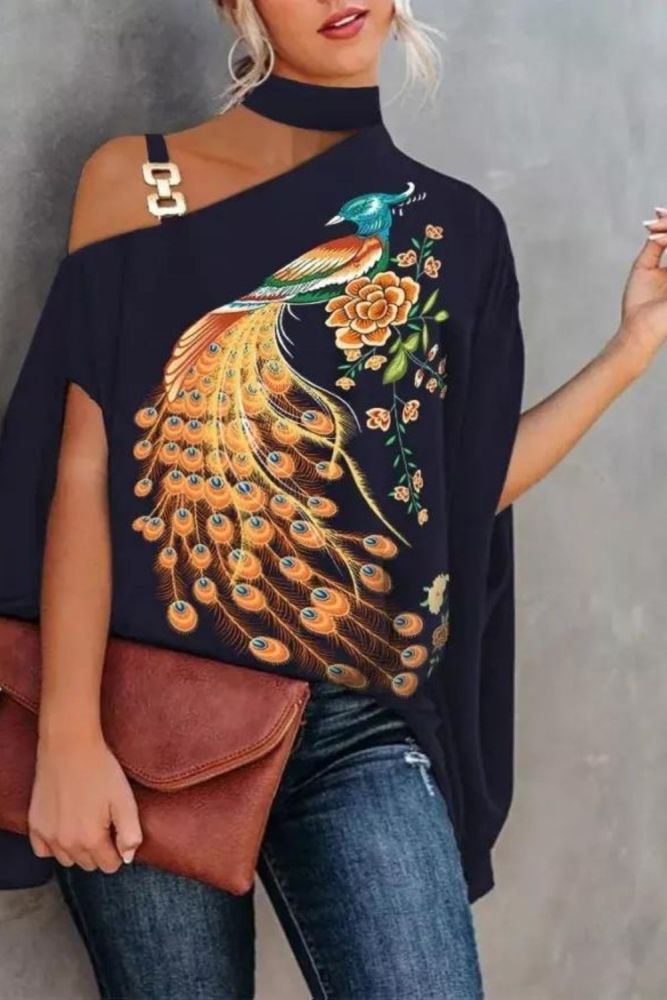 Vintage Pattern Print Elegant Fashion Batwing Sleeves Party Casual Stand Collar Loose Blouses