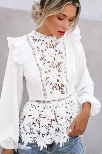 Trendy Floral Lace Boho Long Sleeve Ruffle Cutout  Blouses & Shirts