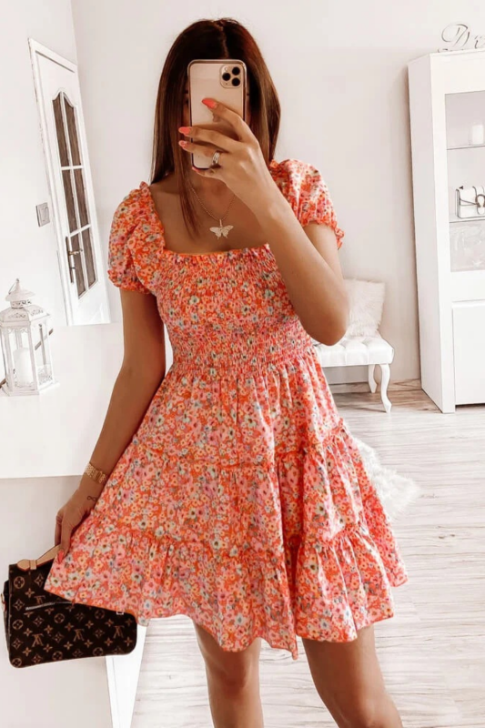Boho Elegant Small Square Neck Strapless Floral Print Mini Dresses