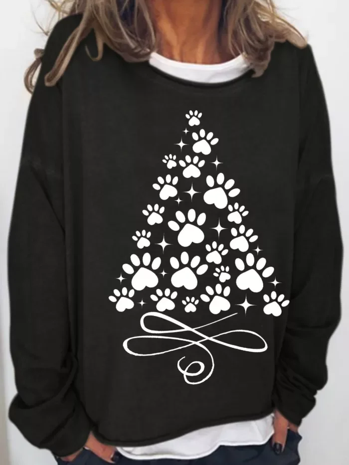 Womens Christmas Tree With Paws Crew Neck Casual Sweatshirts