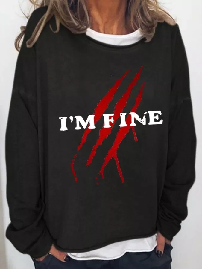 Women's Halloween Bloodstained I'm Fine Print Casual Long Sleeve T-Shirt