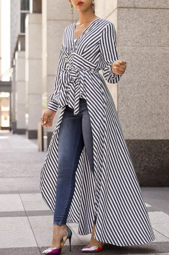 Fashion Casual Stripe Long Sleeve Blouse V-Neck Maxi Dress