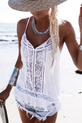 Solid Color Sexy Loose Tunic Sleeveless Lace Blouses