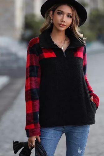 Women's Sweatshirt Long Sleeve Lapel Half Zipper Warm Fleece Pullover Check Sweatshirt Coat