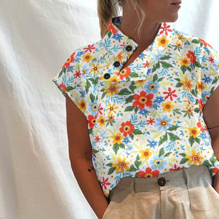 Fashion Floral Print Vintage Casual Turtleneck Tunic Blouses & Shirts Top