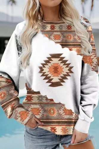 Women's Sweatshirt Western Style Aztec Tribal Pattern Crew Neck Long Sleeve Sweatshirt