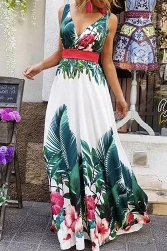 Fashion V Neck Sleeveless Print Sexy Party  Maxi Dress