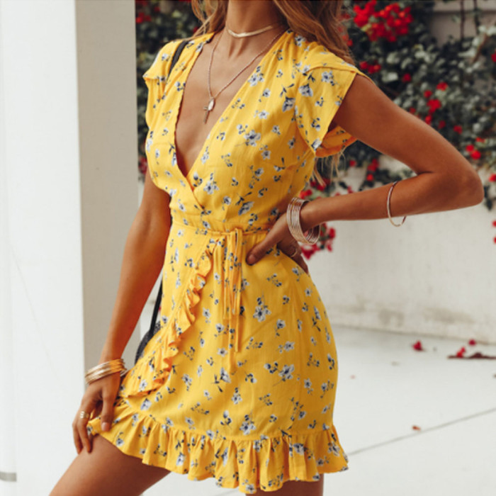 Trendy V Neck Floral Print Sexy Party Casual Mini Dress