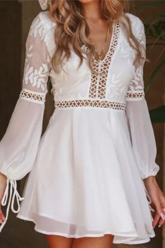 Fashion White Trimmed Camisole Casual Sexy V Neck Long Sleeve Lace Mini Dress
