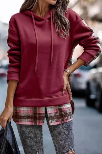 Women's Sweatshirt Hoodie Black Plaid Check Patchwork Drawstring Hooded Sweatshirt