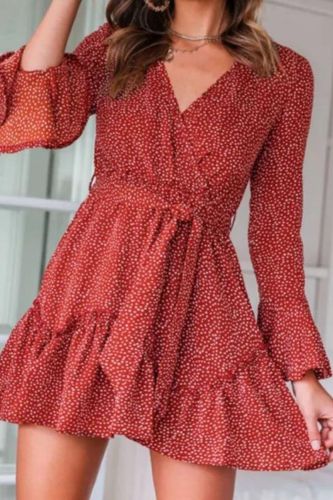 Fashion Vintage Long Sleeve Sexy V Neck Elegant Polka Dot Print Mini Dress