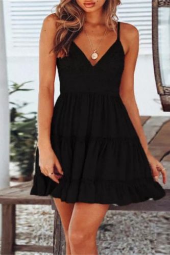 Boho Solid Color Sexy Lace V Neck Party Mini Dress