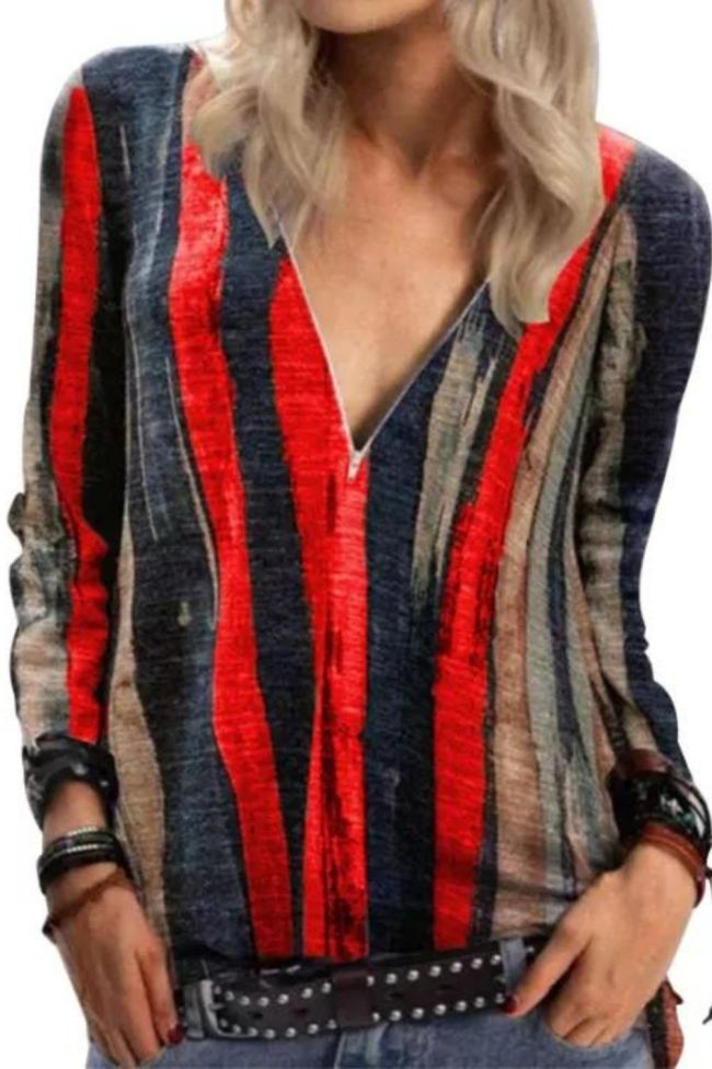 Fashion Tie Dye Stripe Print V Neck Long Sleeve Zipper Top Casual T-Shirt