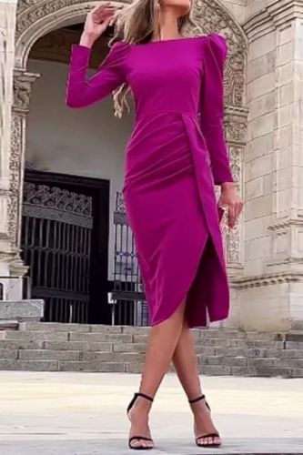 Elegant Sexy Puff Sleeve Round Neck Neck Waist Pleat Slit Solid Color Party Bodycon Dress