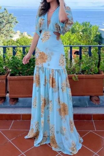 Sexy Elegant V Neck Puff Sleeve Waist Floral Print Party Maxi Dress