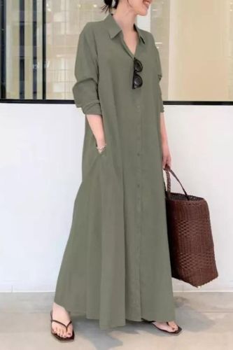 Fashion Pocket Shirt Chic Solid Color Long Sleeve A Line Cotton Casual Maxi Dress